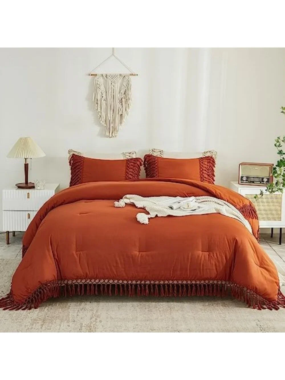 Boho Terracotta Queen Comforter Set, 3-Piece Tassel Bedding for Cozy Home Decor